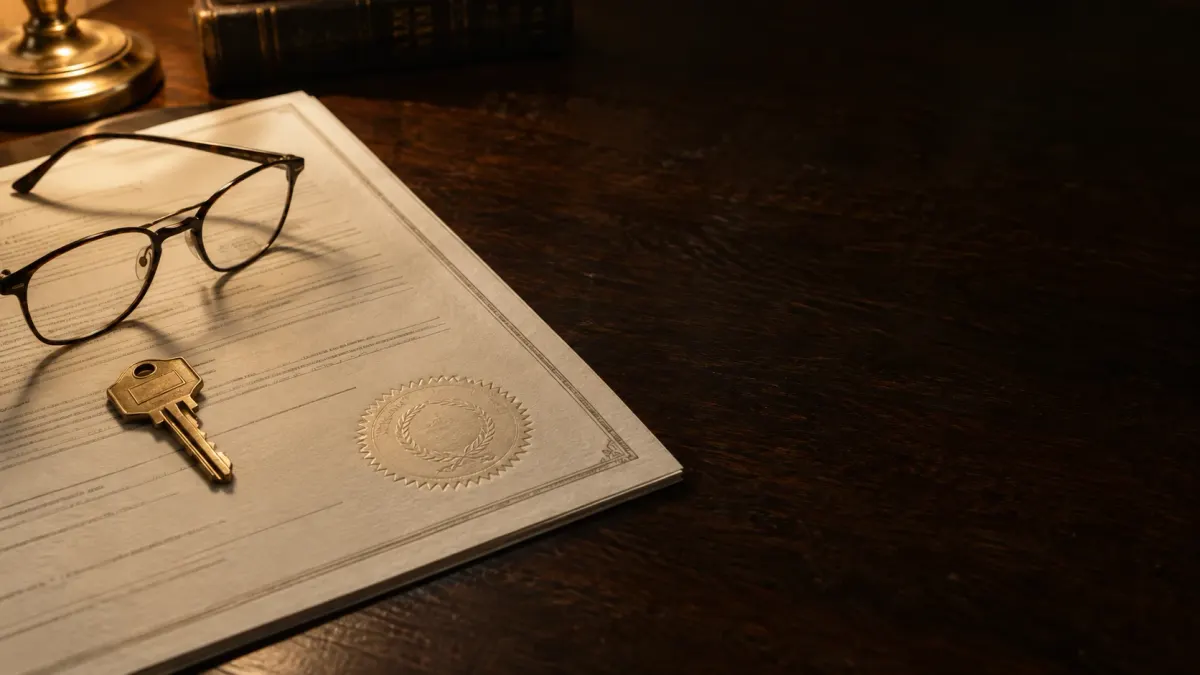 Escritura com selo em relevo, chave de latão e óculos sobre mesa de madeira