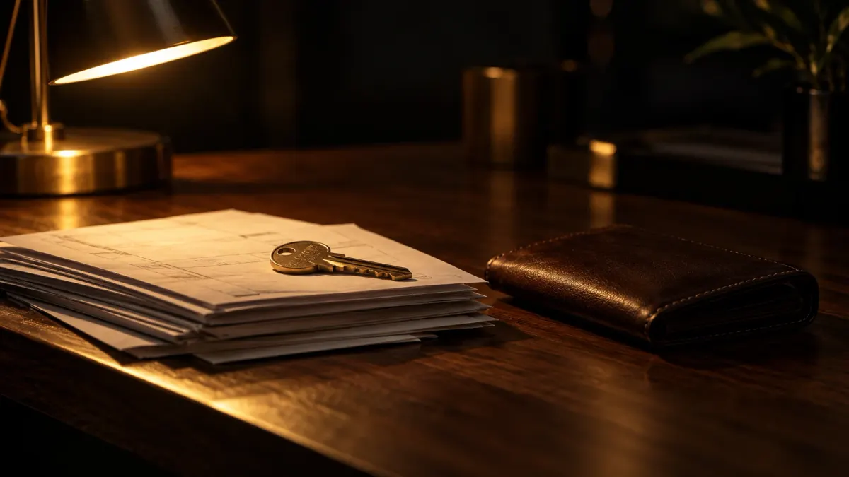 Mesa de madeira com extratos organizados, uma chave e uma carteira sob a luz do abajur