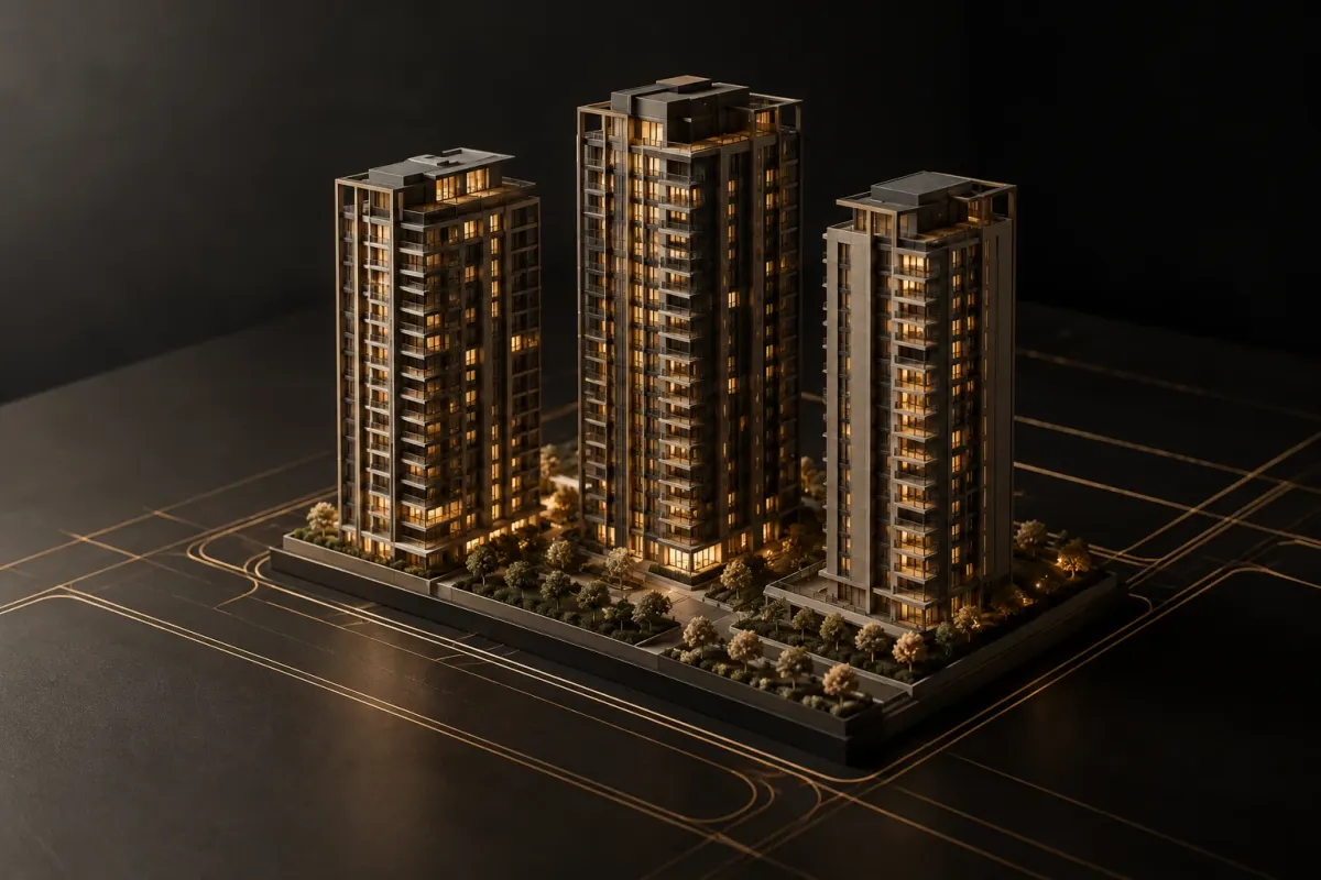 Maquete de três torres residenciais com janelas iluminadas sobre mesa escura
